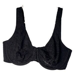 Cacique‎ Black Lace Underwire Unlined Bra 42C Floral Mesh Smoothing Back